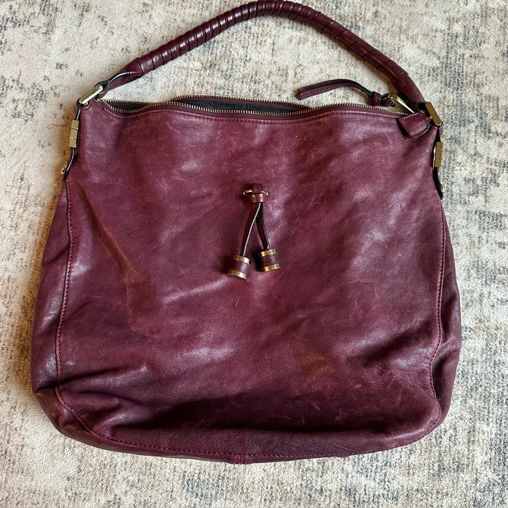 Joelle Hawkens Burgundy Leather Slouchy Hobo Shoulder Bag Soft Leather Boho Chic